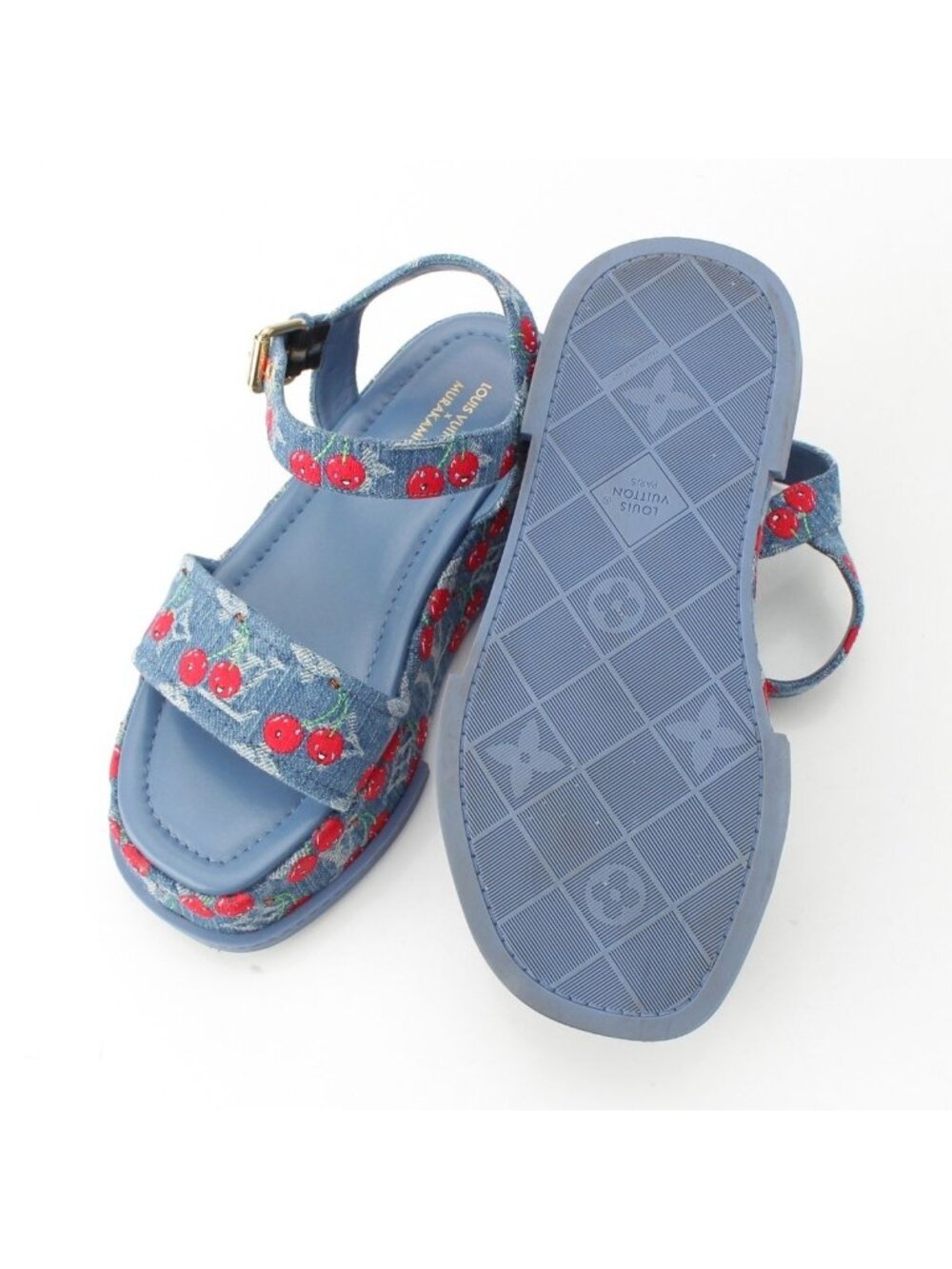 Louis Vuitton Denim Takashi Murakami Cherry Maya Platform Sandals Blue - Picture 5 of 10